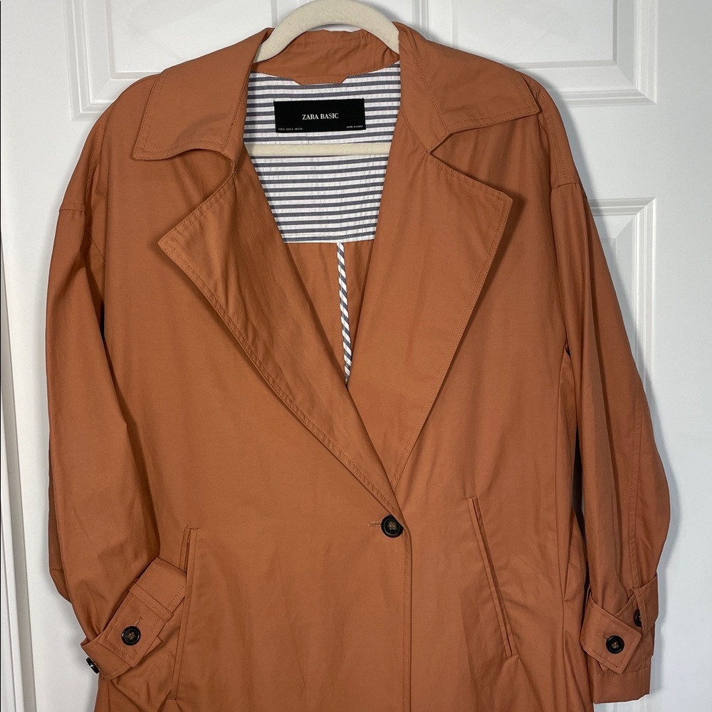 ZARA Trench Coat Contrasting Belt Size Small Single Button Notched Collar Orange - Picture 5 of 16